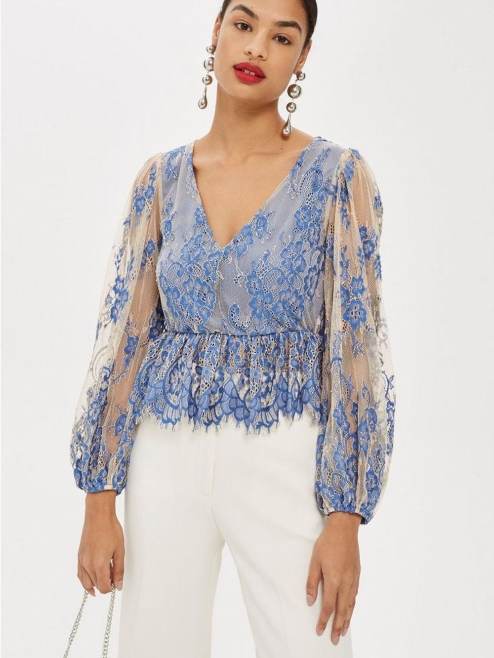 Topshop Blue Lace V-Neck Sheer Balloon Sleeve Blouse - Picture 1 of 7